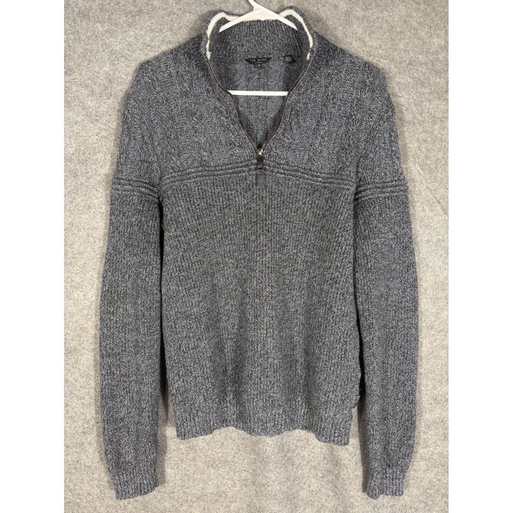 Ted Baker London Mens Quarter Zip Sweater Gray Cable Knit Mock Neck Size 4